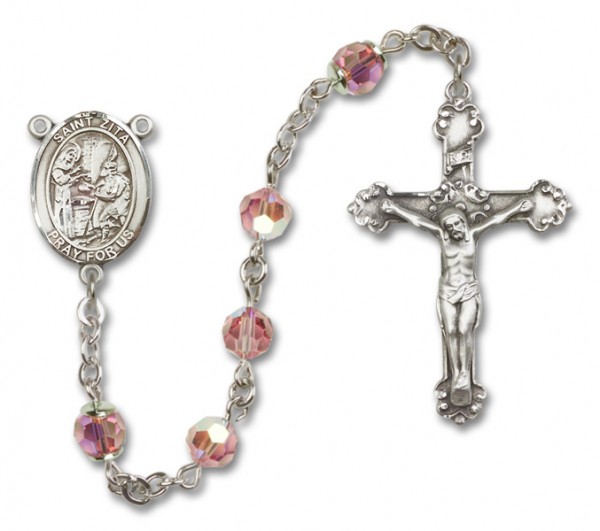 St. Zita Sterling Silver Heirloom Rosary Fancy Crucifix - Light Rose