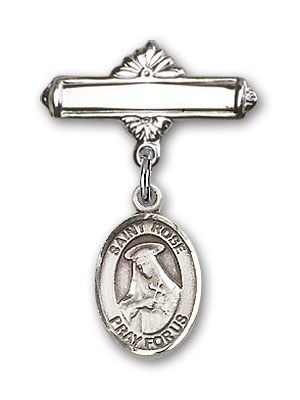 Pin Badge with St. Rose of Lima Charm and Polished Engravable Badge Pin - Silver tone