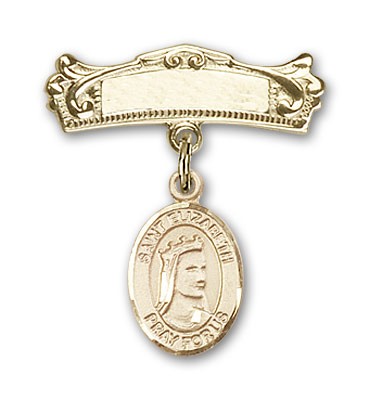 Pin Badge with St. Elizabeth of Hungary Charm and Arched Polished Engravable Badge Pin - 14K Solid Gold