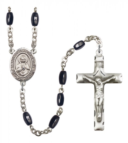 Men's Corazon Inmaculado de Maria Silver Plated Rosary - Black | Silver