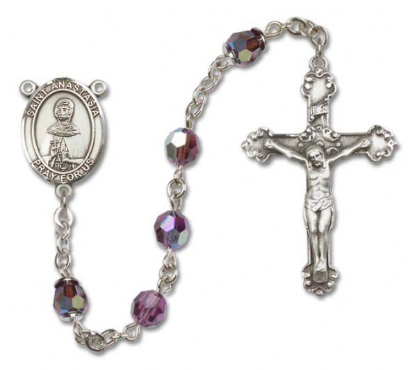 St. Anastasia Sterling Silver Heirloom Rosary Fancy Crucifix - Amethyst
