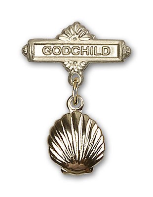 Baby Pin with Shell Charm and Godchild Badge Pin - 14K Solid Gold