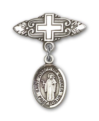 Pin Badge with St. Joseph the Worker Charm and Badge Pin with Cross - Silver tone