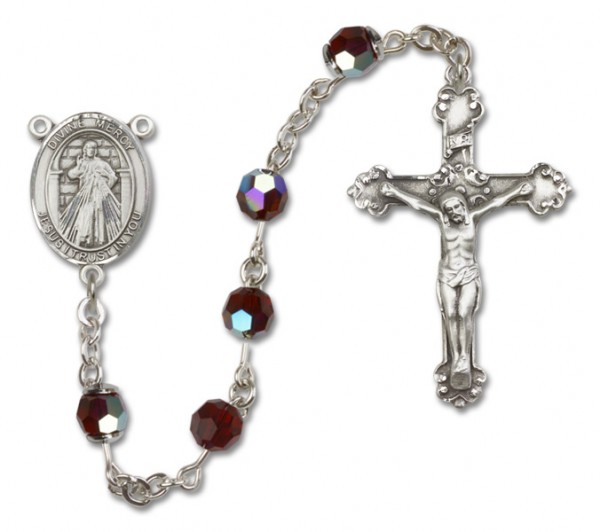 Divine Mercy Sterling Silver Heirloom Rosary Fancy Crucifix - Garnet