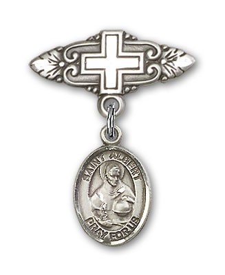 Pin Badge with St. Albert the Great Charm and Badge Pin with Cross - Silver tone