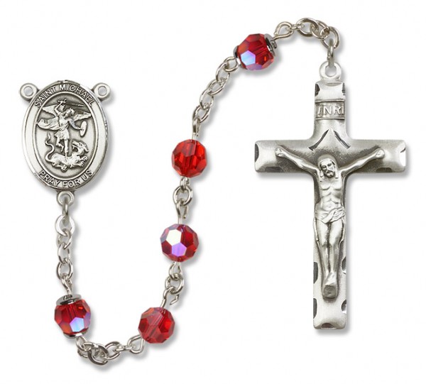 St. Michael the Archangel Sterling Silver Heirloom Rosary Squared Crucifix - Ruby Red