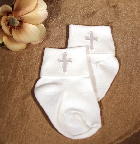Boys Nylon Anklet with Embroidered Cross Appliqu&eacute; - White