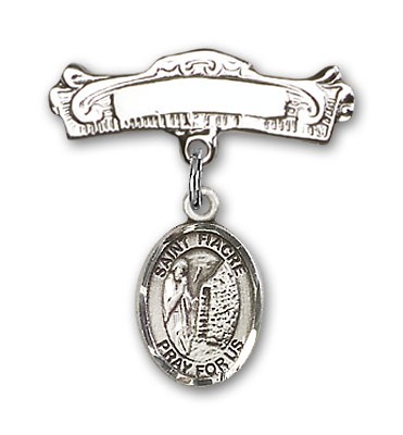 Pin Badge with St. Fiacre Charm and Arched Polished Engravable Badge Pin - Silver tone