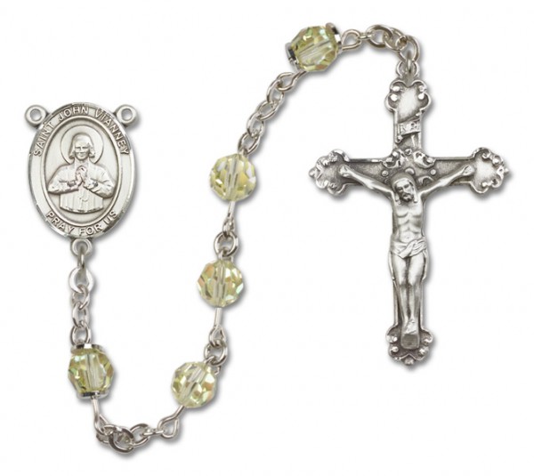 St. John Vianney Sterling Silver Heirloom Rosary Fancy Crucifix - Zircon
