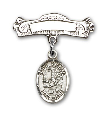 Pin Badge with St. Rosalia Charm and Arched Polished Engravable Badge Pin - Silver tone