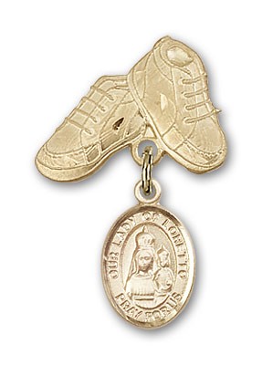 Baby Badge with Our Lady of Loretto Charm and Baby Boots Pin - Gold Tone