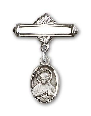Baby Pin with Scapular Charm and Polished Engravable Badge Pin - Silver tone