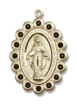 Black Crystal Miraculous Medal Necklace - 14K Solid Gold