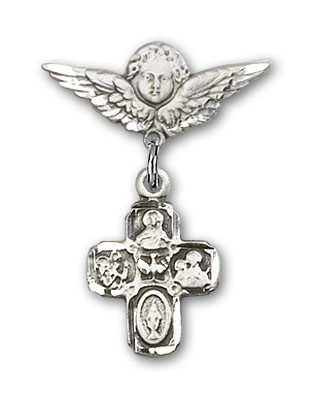 Pin Badge with 4-Way Charm and Angel with Smaller Wings Badge Pin - Silver tone