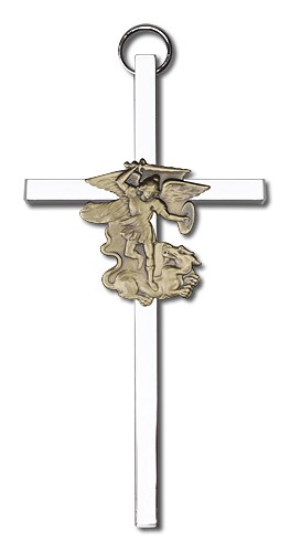St. Michael Wall Cross 4&quot; - Two-Tone Silver