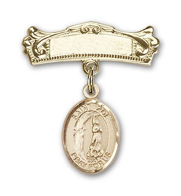 Pin Badge with St. Zoe of Rome Charm and Arched Polished Engravable Badge Pin - Gold Tone