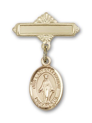 Pin Badge with Our Lady of Lebanon Charm and Polished Engravable Badge Pin - Gold Tone