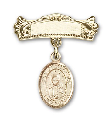Pin Badge with Our Lady of la Vang Charm and Arched Polished Engravable Badge Pin - 14K Solid Gold