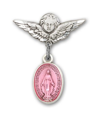 Baby Pin with Miraculous Charm and Angel with Smaller Wings Badge Pin - Silver | Pink