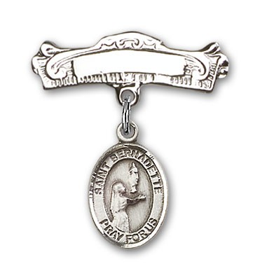 Pin Badge with St. Bernadette Charm and Arched Polished Engravable Badge Pin - Silver tone