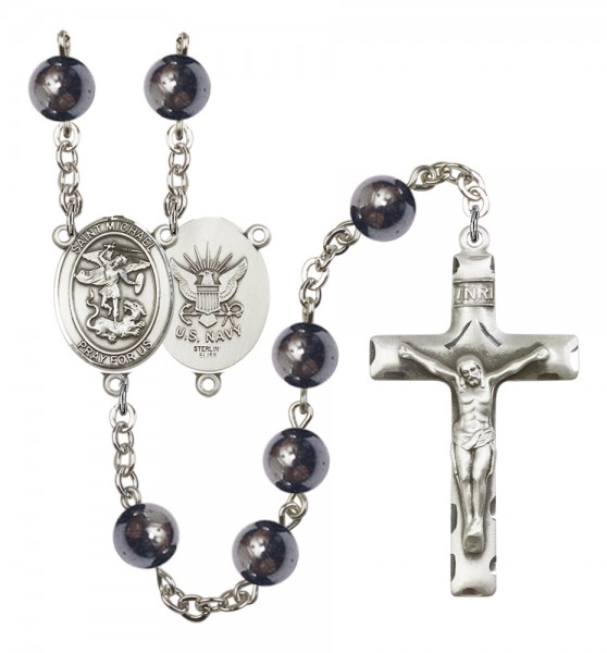Men's St. Michael Navy Silver Plated Rosary - Silver