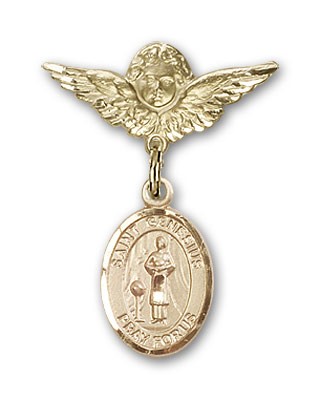 Pin Badge with St. Genesius of Rome Charm and Angel with Smaller Wings Badge Pin - Gold Tone