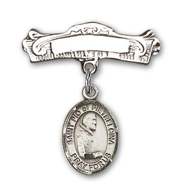 Pin Badge with St. Pio of Pietrelcina Charm and Arched Polished Engravable Badge Pin - Silver tone