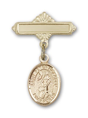 Pin Badge with St. Peter Nolasco Charm and Polished Engravable Badge Pin - Gold Tone