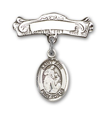 Pin Badge with St. Ann Charm and Arched Polished Engravable Badge Pin - Silver tone