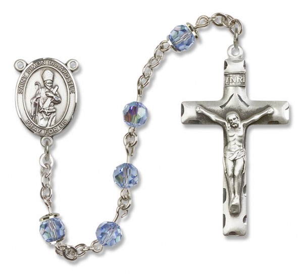 St. Simon Sterling Silver Heirloom Rosary Squared Crucifix - Light Sapphire
