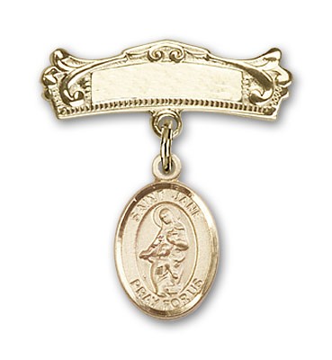 Pin Badge with St. Jane of Valois Charm and Arched Polished Engravable Badge Pin - 14K Solid Gold