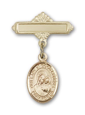 Pin Badge with Our Lady of Good Counsel Charm and Polished Engravable Badge Pin - 14K Solid Gold