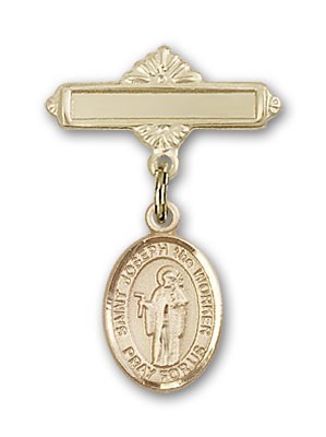 Pin Badge with St. Joseph the Worker Charm and Polished Engravable Badge Pin - 14K Solid Gold