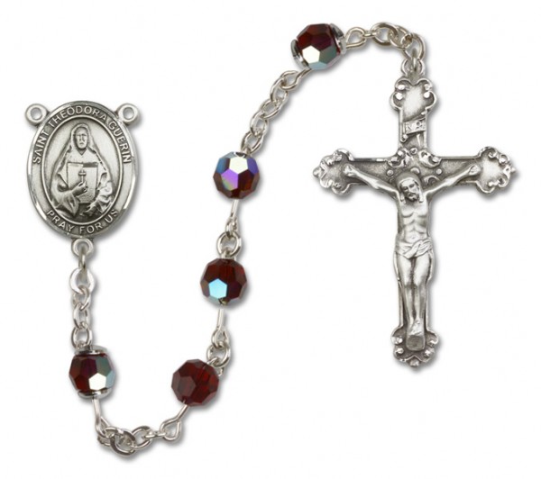 St. Theodora Guerin Sterling Silver Heirloom Rosary Fancy Crucifix - Garnet