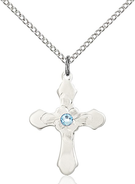 Floral Center Youth Cross Pendant with Birthstone Options - Aqua