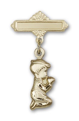 Baby Pin with Praying Boy Charm and Polished Engravable Badge Pin - Gold Tone