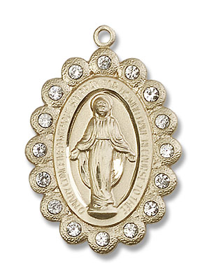 Miraculous Medal Necklace with Clear Swarovski Crystals - 14K Solid Gold