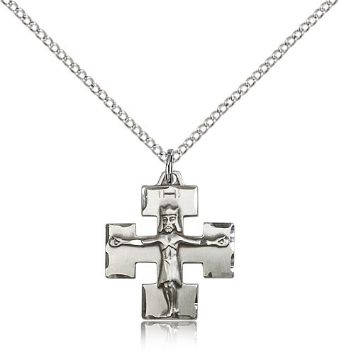 Modern Block Crucifix Medal - Sterling Silver