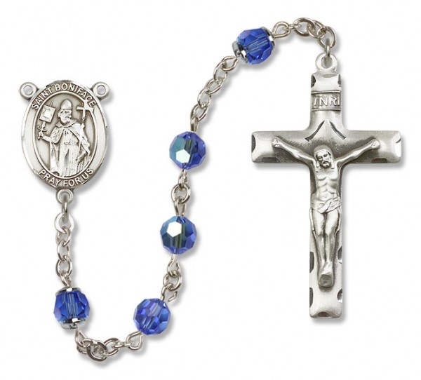 St. Boniface Sterling Silver Heirloom Rosary Squared Crucifix - Sapphire