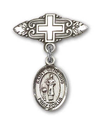 Pin Badge with St. Genesius of Rome Charm and Badge Pin with Cross - Silver tone