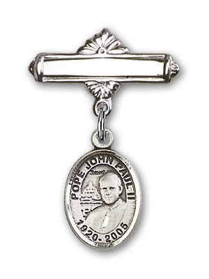 Pin Badge with Pope John Paul II Charm and Polished Engravable Badge Pin - Silver tone