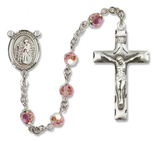 St. Aaron Sterling Silver Heirloom Rosary Squared Crucifix - Light Rose