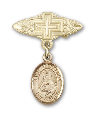 Pin Badge with St. Alexandra Charm and Badge Pin with Cross - Gold Tone