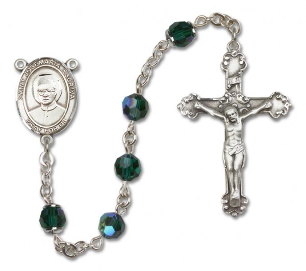 St. Josemaria Escriva Sterling Silver Heirloom Rosary Fancy Crucifix - Emerald Green
