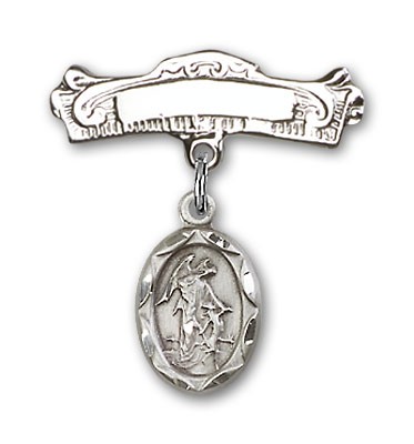Baby Pin with Guardian Angel Charm and Arched Polished Engravable Badge Pin - Silver tone