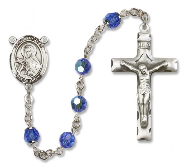 St. Theresa Sterling Silver Heirloom Rosary Squared Crucifix - Sapphire