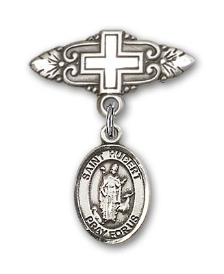 Pin Badge with St. Hubert of Liege Charm and Badge Pin with Cross - Silver tone