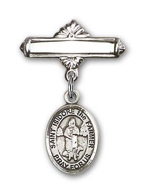 Pin Badge with St. Isidore the Farmer Charm and Polished Engravable Badge Pin - Silver tone