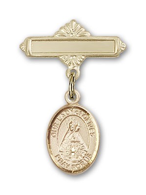 Pin Badge with Our Lady of Olives Charm and Polished Engravable Badge Pin - Gold Tone