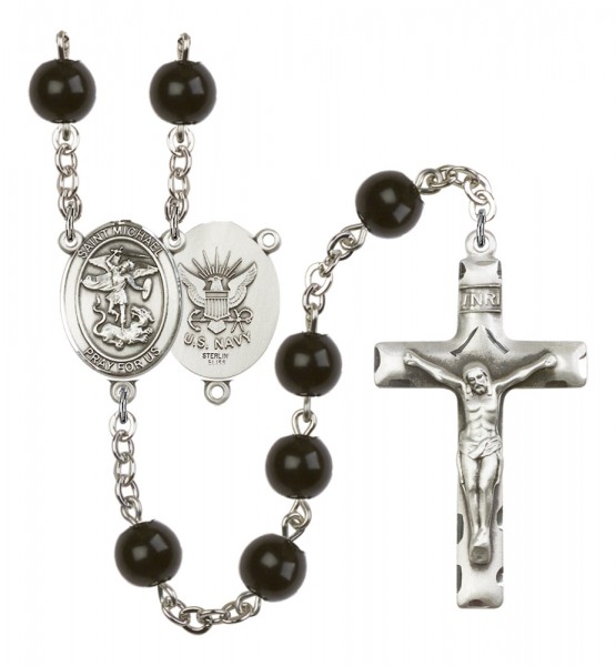 Men's St. Michael Navy Silver Plated Rosary - Black